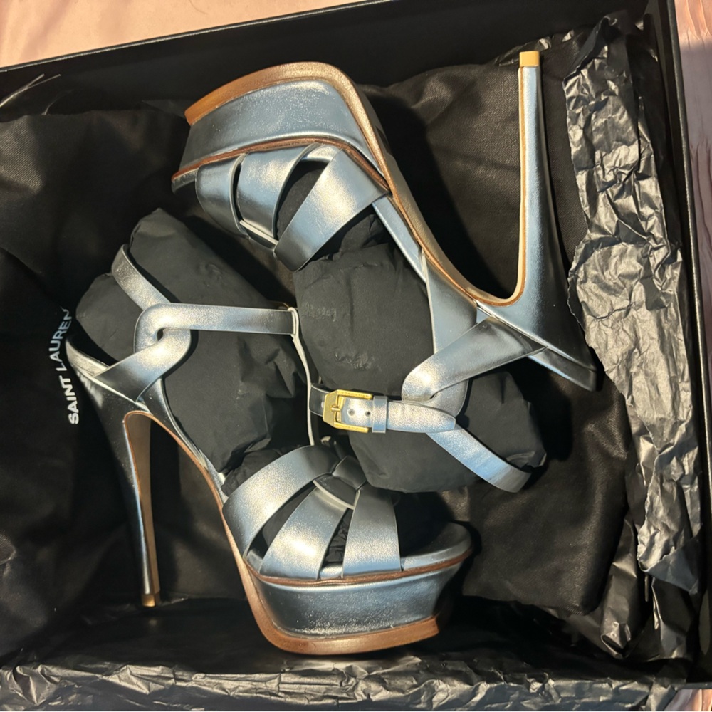 Saint Laurent Paris Metallic Leather Tribute Platform Sandals.